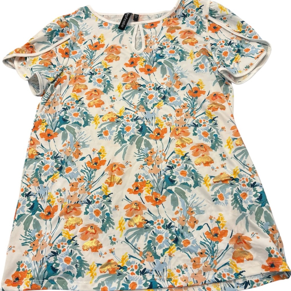 Zoe + Phoebe‎ Gold Floral Print Top Short Sleeve Womens Small NEW Casual Summer